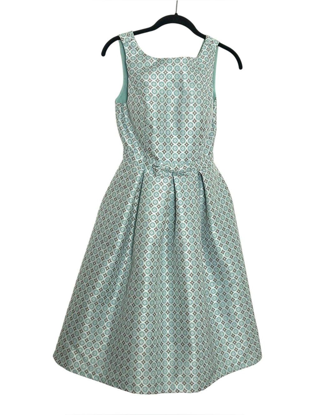 Liza Luxe ModCloth XS Aqua Jacquard Fit & Flare Dress Bow Pockets Retro